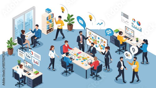 A diverse team of professionals collaborates and brainstorms ideas in a modern office environment, utilizing whiteboards, computers, and charts to drive innovation and project planning.