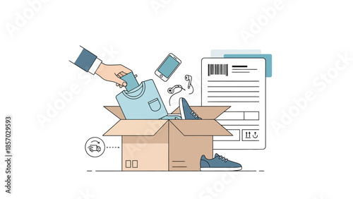 A hand places a blue t-shirt into an open cardboard box, surrounded by various items including a smartphone, earbuds, and a shoe, with a document featuring a barcode in the background.