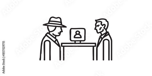 nvestigator with suspect man thin line icon, police force concept. Vector graphics. Man standing at desk, chair with human sign on white background, style icon mobile or web desigى