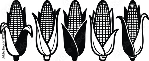 Line art row of five corn cobs with peeled husks in three quarter view isolated monochrome vector close up agricultural produce icon set flat silhouette pattern