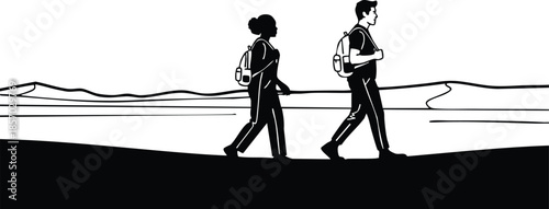 Line art silhouette side view two hikers walking with backpacks across desert dunes horizon high contrast black and white vector illustration minimal composition calm serene travel