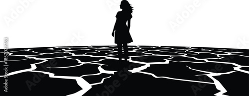 Minimalist silhouette vector art showing solitary woman walking on cracked dry earth viewed from low angle with panoramic horizon high contrast stark composition drought isolation backlit