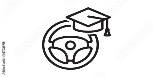 Steering wheel and hat thin line icon, driver license concept. Vector graphics. Wheel and driving school graduation cap sign on white background, style icon mobile or web design