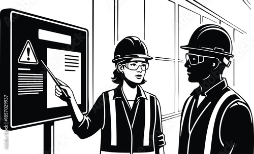 Line art close up of two construction workers wearing safety helmets and vests one pointing at a safety instruction board during site briefing high contrast monochrome