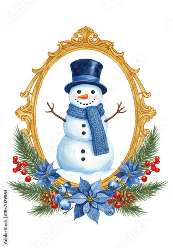 traditional snowman watercolor illustration in a plush velvet top hat, centered in a golden filigree frame with pine, holly berries, and blue poinsettia on white, decorative holiday card concept