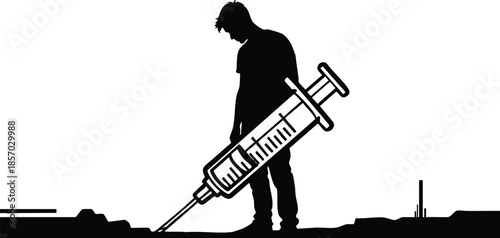 Minimalist silhouette vector side profile young person holding oversized syringe angled into ground near urban skyline low angle backlit dramatic high contrast composition isolated black white