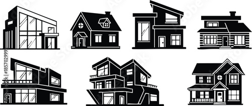 Flat design black silhouette house icon set showing eight unique modern and traditional facades front view with balcony large windows isolated transparent background scalable vector format
