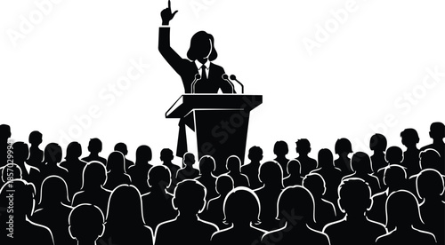 Silhouette vector speaker at podium pointing finger to audience in crowded auditorium from low angle dramatic backlit high contrast with microphone and raised gesture commanding presence