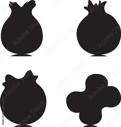 Black Silhouette Fruit Icons Pomegranate and Abstract Shapes on Transparent Background