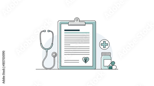 A medical clipboard with a stethoscope, prescription bottle, and a cross symbol, representing healthcare and medical records.