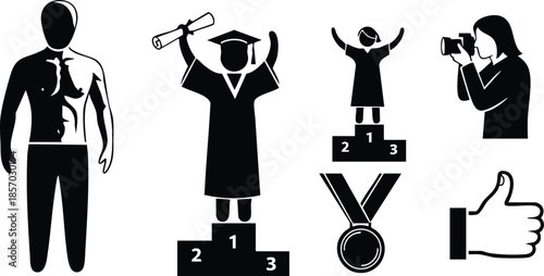 Flat design black silhouette icon set muscular torso front view graduate holding diploma on first place podium child on podium photographer taking photo medal thumbs up
