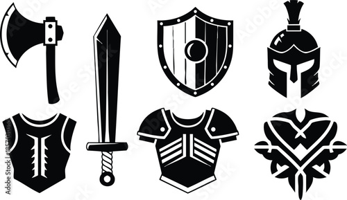 Flat design close up medieval armor and weapon icon set showing axe sword shield helmet breastplate pauldrons chest armor and crest in black silhouette arranged grid