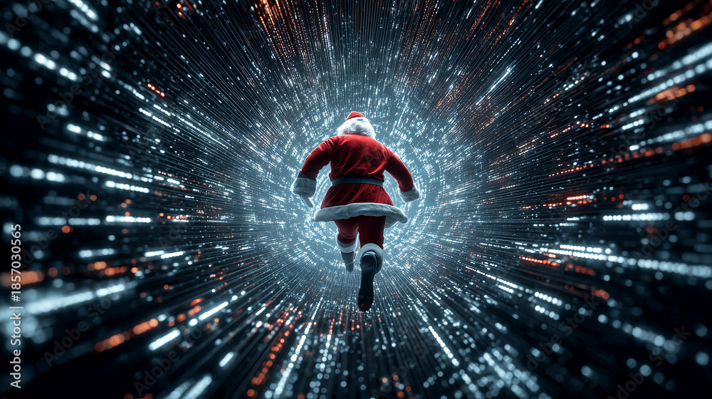 custom made wallpaper toronto digitalFuturistic Santa Claus running through digital tunnel with glowing particles