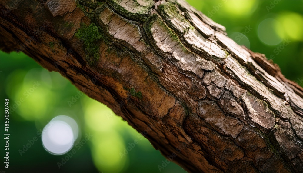 Fototapeta premium detailed macro shot of textured bark against soft green foliage creating a nature inspired organic composition