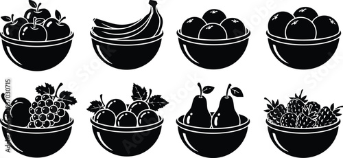 Flat design close up black fruit bowl icon set showing eight different bowls with apples bananas pears grapes strawberries and pineapple silhouette top view minimal vector