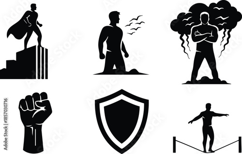 Flat design silhouette icon pack showing cape hero on stairs looking forward kneeling figure coughing angry man beneath storm cloud raised fist shield and tightrope walker
