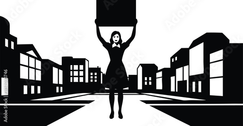 Silhouette vector flat design centered woman holding blank sign overhead looking at camera on urban street between buildings high contrast black and white minimalism dramatic bold