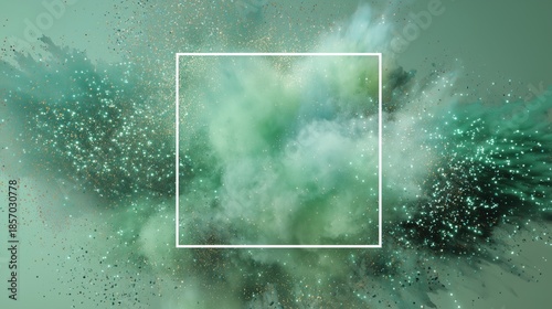 Abstract green powder explosion with rectangular frame and copy space