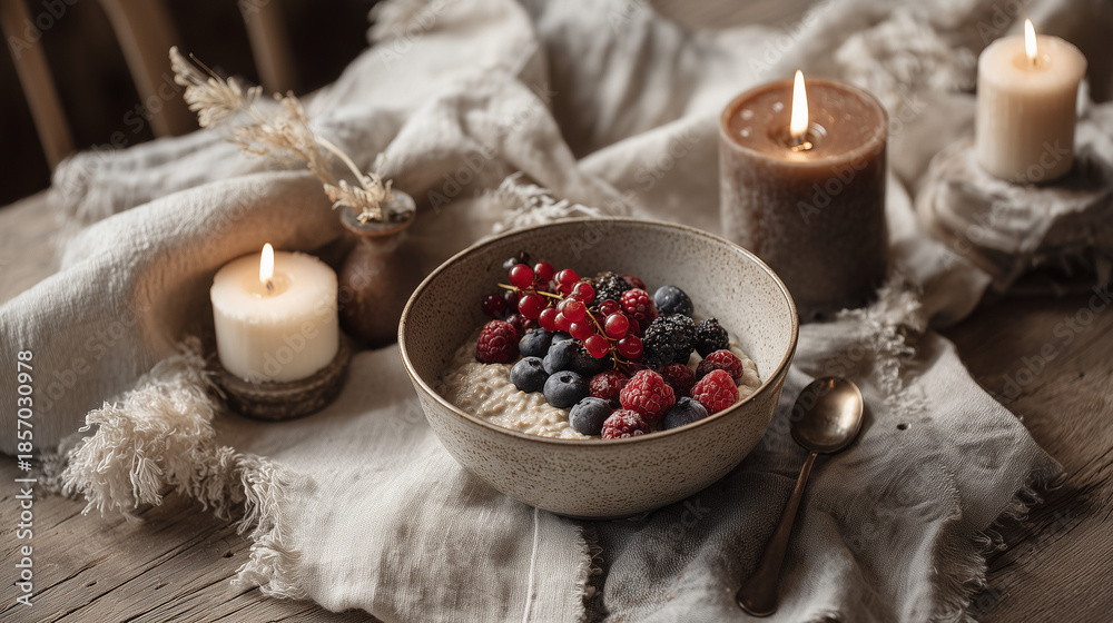 custom made wallpaper toronto digitalWinter breakfast bowl with berries and candles on rustic table