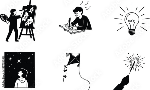 Flat design set of six black silhouette hobby and creativity icons showing painter painting reader idea lightbulb stargazing kite and sparkler close up minimalist collection assortment