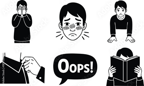 Flat design set of six black and white minimal emotion icons showing embarrassed blushing man covering eyes kneeling tearing paper reading book with oops speech bubble