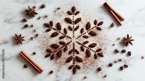 Christmas spices flat lay pattern with cinnamon, star anise and nuts