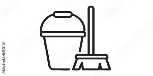 Bucket and broom thin line icon, spring season concept. Vector graphics. Floor cleaning work, housework sign on white background, style icon mobile or web desig