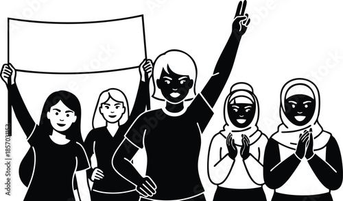 Silhouette vector close up of central woman leader raising peace sign and holding blank protest banner with diverse group of women in black and white illustration