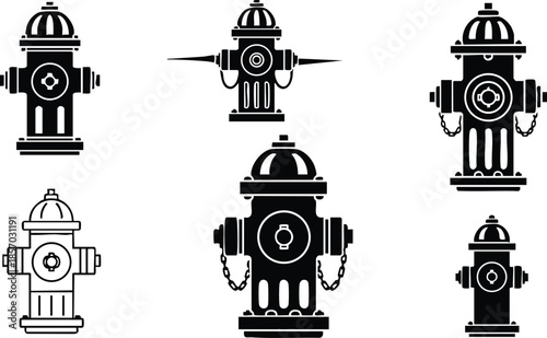 Flat design vector icon set showing multiple black and white fire hydrant silhouettes front and side views with chains caps and valve details three quarter perspective