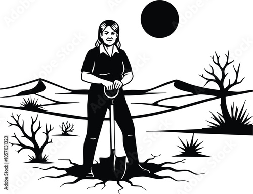 Minimalist silhouette vector art close up woman standing holding shovel planted in cracked dry soil in drought landscape with barren trees and high sun dramatic contrast