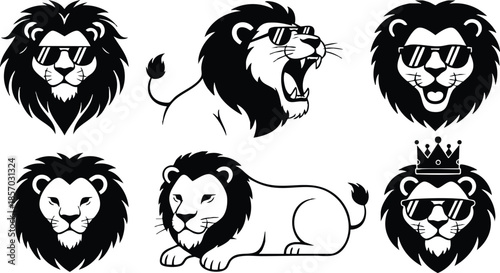 Vector icon set with six black lion heads and one full body lion reclining two wearing sunglasses one roaring one crowned flat logo style bold silhouette
