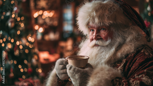 Portrait of Santa Claus holding a mug in cozy Christmas interior