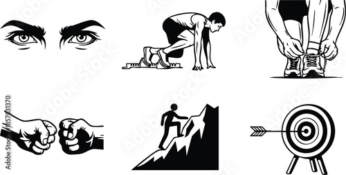 Flat icon set of athletic actions and motivation symbols showing close up eyes sprinter tying shoelaces fist bump climber and target goal silhouette icons in black