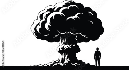 Silhouette vector low angle view man standing beside nuclear mushroom cloud explosion on plain horizon stark high contrast black and white apocalyptic scene solitary human figure