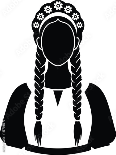 Flat design silhouette portrait of woman with floral wreath and long braids looking forward in traditional dress centered black on white background minimal vector art icon
