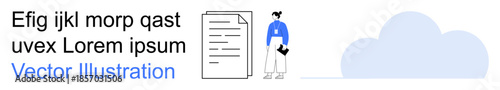 Cloud computing, document upload, file sharing, digital storage, data management, online services. A person stands near a document icon and a cloud. Cloud computing and document upload