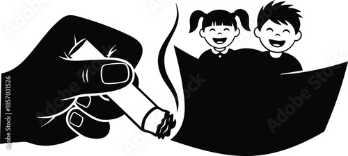 Silhouette vector close up hand holding lit cigarette blowing smoke toward two smiling children in small boat facing forward conceptual health warning about secondhand smoke dangerous