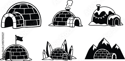 Line art hand drawn igloo icon set six variations including close up entrance side view chimney mountain background flag and crystal accents winter minimal black white