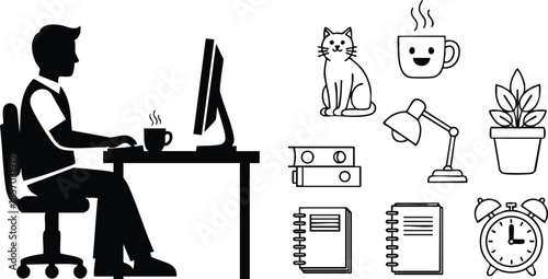 Flat design side view man sitting at desk typing on desktop computer with coffee mug cat plant desk lamp alarm clock and notebooks stacked binders folders
