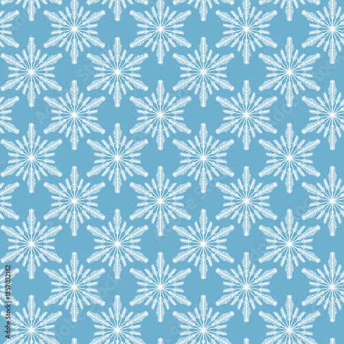 Winter seamless pattern with white snowflakes on blue background. Vector illustration for fabric, textile wallpaper, posters, gift wrapping paper. Christmas vector illustration.