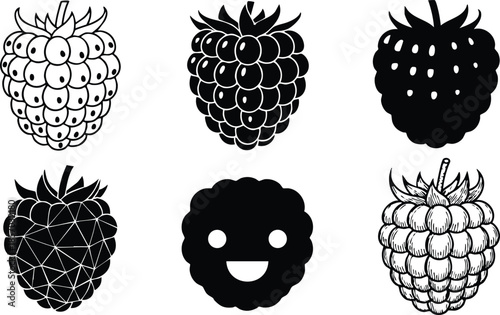 Line art berry icon set six raspberry and blackberry variations including filled silhouette outline smiling berry face flat vector icons isolated black and white simple bold