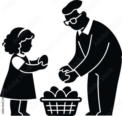 Silhouette icon close up of man bending to hand apples to little girl holding hands near basket flat vector design black and white simple gentle scene