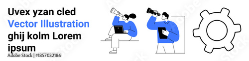 Teamwork, collaboration, strategy, innovation, business growth, project development. Two people exploring with telescopes and gear symbol. Teamwork and collaboration concept