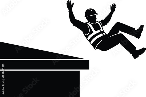 Flat design high contrast silhouette of construction worker falling off roof edge wearing safety helmet and reflective vest airborne side view vector safety hazard icon illustration