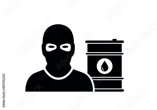 a masked figure stands beside an oil barrel depicting potential illicit activities or danger high quality