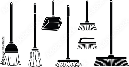 Flat design cleaning tools icon set with seven black silhouettes of brooms dustpan mop brushes shown in various angles long handle close up view minimal layout