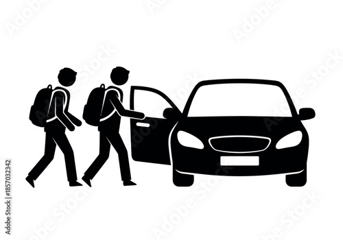 Two people with backpacks approach a car with an open door suggesting a ride high quality