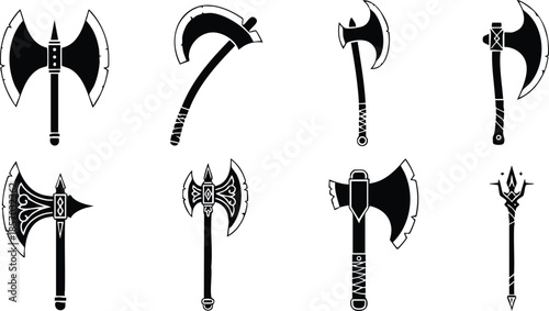 Flat icon set showing eight medieval axes and a trident in black silhouette two row arrangement on white background clean vector design minimalist isolated simple bold