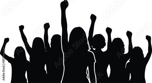 Silhouette vector front center leader with raised fist and cheering crowd behind looking at camera isolated on white high contrast minimal graphic poster icon branding social