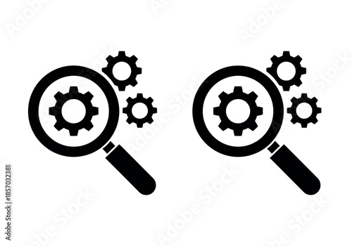 Two magnifying glasses with gear symbols inside representing search inspection and mechanical processes high quality professional